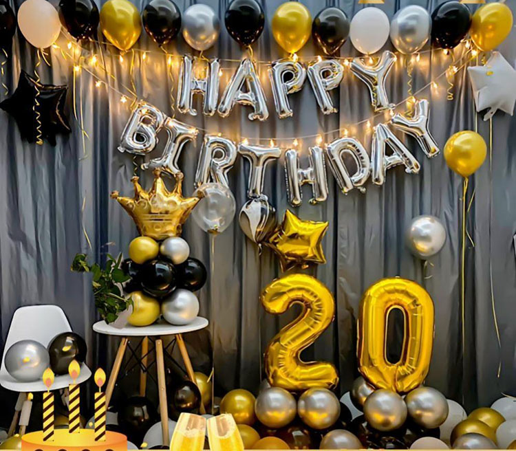 20th Birthday Party Supplies And Decorations with Silver Happy Birthday Foil Balloon and Led Lamp